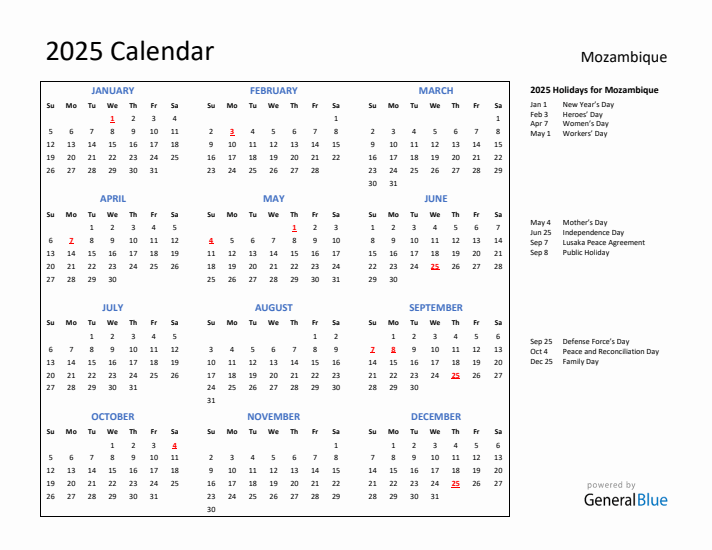 2025 Calendar with Holidays for Mozambique