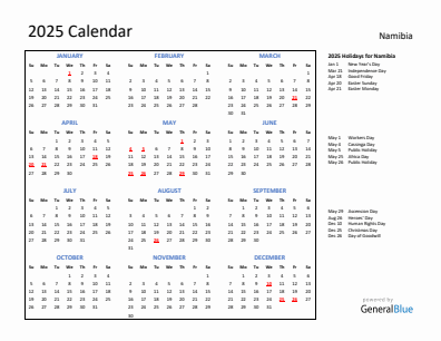 Namibia current year calendar 2025 with holidays