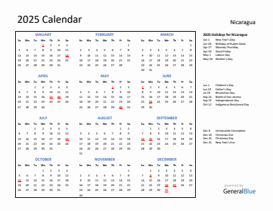 Nicaragua current year calendar 2025 with holidays