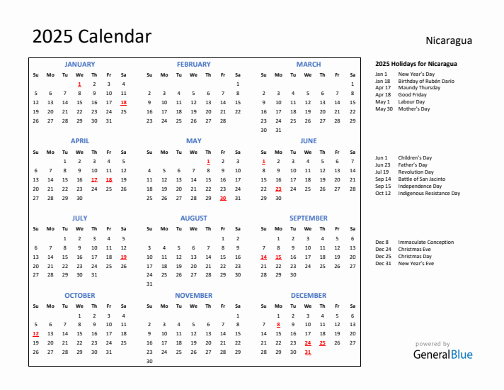 2025 Calendar with Holidays for Nicaragua