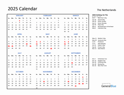 The Netherlands current year calendar 2025 with holidays