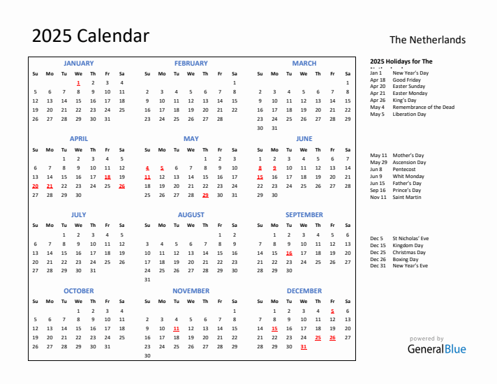 2025 Calendar with Holidays for The Netherlands