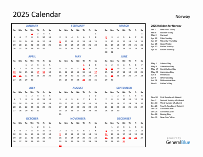 Norway current year calendar 2025 with holidays