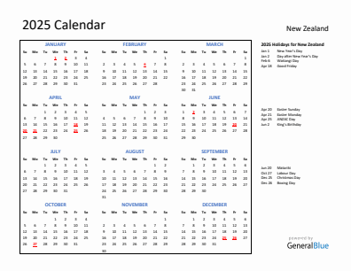 New Zealand current year calendar 2025 with holidays