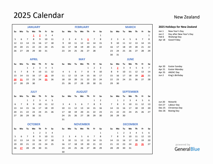 2025 Calendar with Holidays for New Zealand