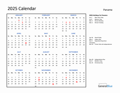 Panama current year calendar 2025 with holidays