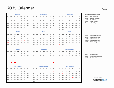 Peru current year calendar 2025 with holidays