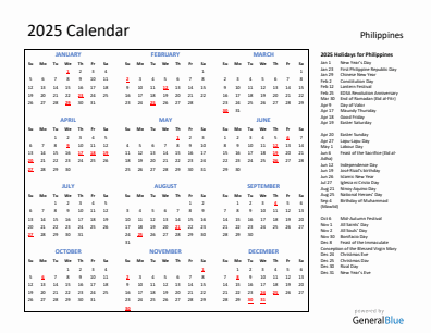 Philippines current year calendar 2025 with holidays