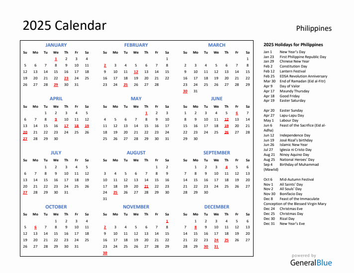 2025 Calendar with Holidays for Philippines