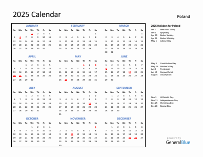 Poland current year calendar 2025 with holidays