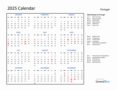 Portugal current year calendar 2025 with holidays