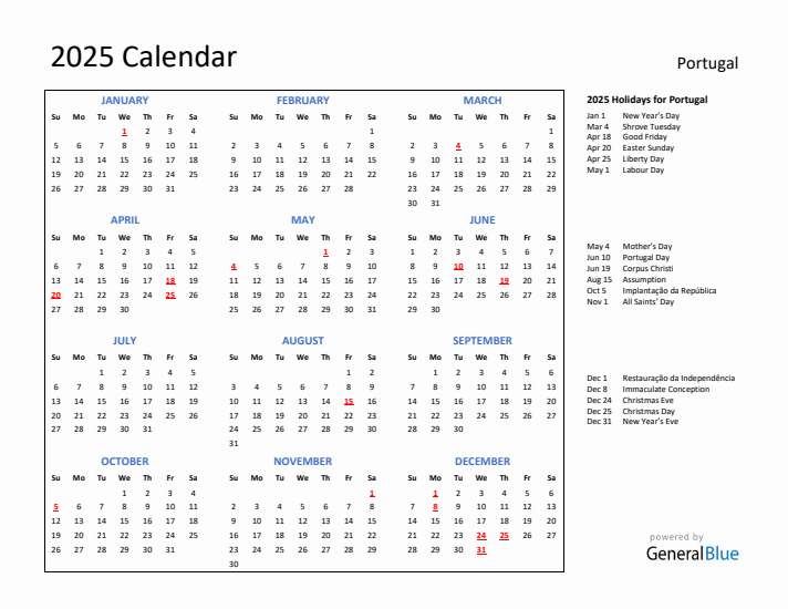 2025 Calendar with Holidays for Portugal