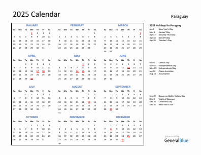 Paraguay current year calendar 2025 with holidays