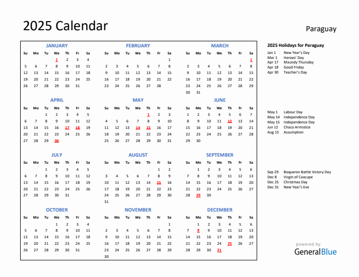 2025 Calendar with Holidays for Paraguay