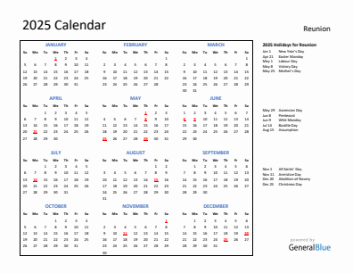 Reunion current year calendar 2025 with holidays