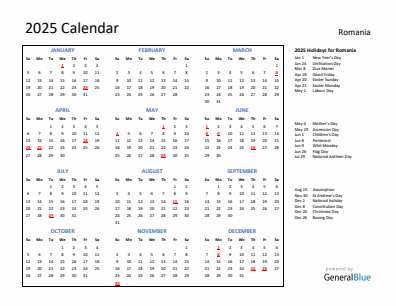 Romania current year calendar 2025 with holidays