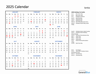 Serbia current year calendar 2025 with holidays