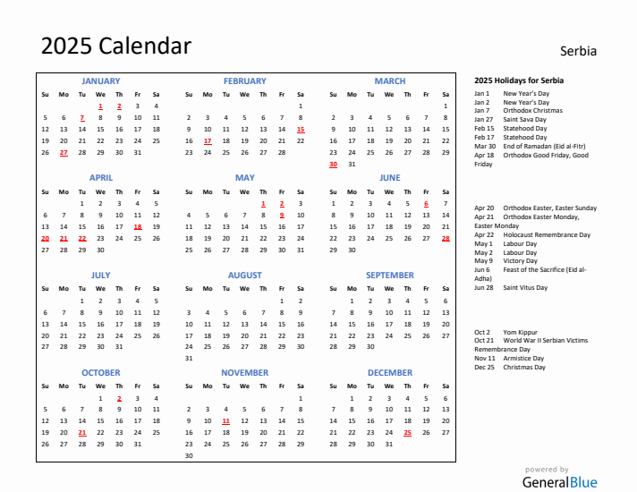 2025 Calendar with Holidays for Serbia