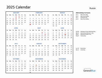 Russia current year calendar 2025 with holidays