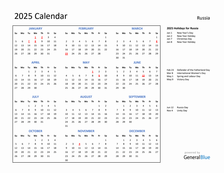 2025 Calendar with Holidays for Russia