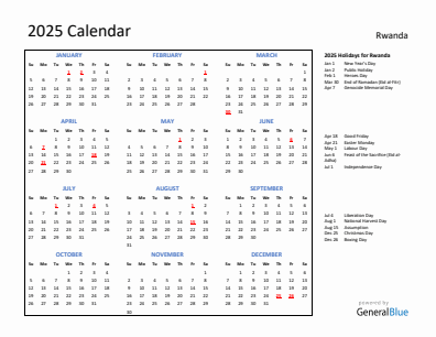 Rwanda current year calendar 2025 with holidays