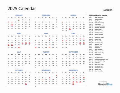 Sweden current year calendar 2025 with holidays