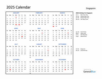 Singapore current year calendar 2025 with holidays