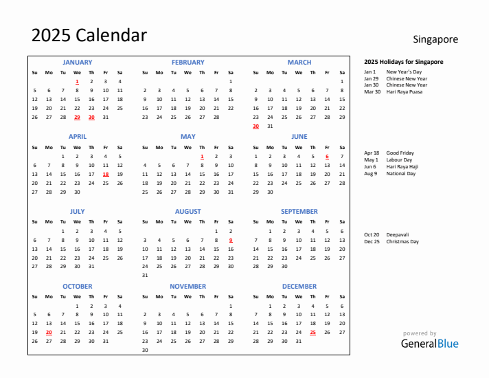 2025 Calendar with Holidays for Singapore