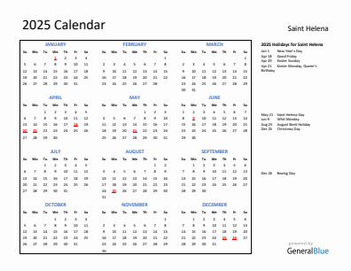 Saint Helena current year calendar 2025 with holidays