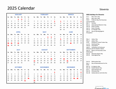 Slovenia current year calendar 2025 with holidays