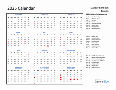 Svalbard and Jan Mayen current year calendar 2025 with holidays