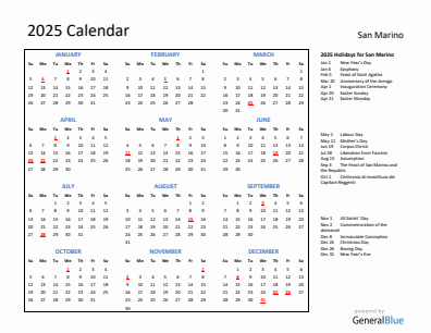 San Marino current year calendar 2025 with holidays