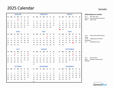 Somalia current year calendar 2025 with holidays