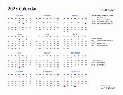 South Sudan current year calendar 2025 with holidays