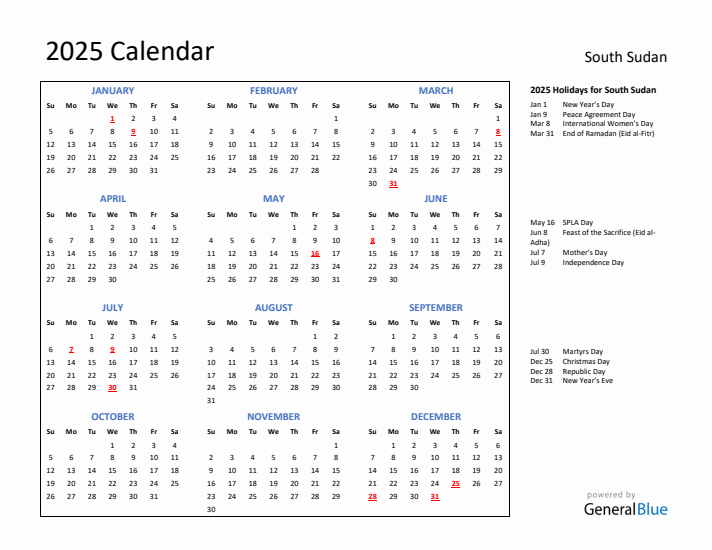 2025 Calendar with Holidays for South Sudan