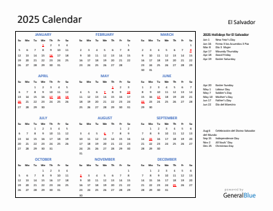 El Salvador current year calendar 2025 with holidays