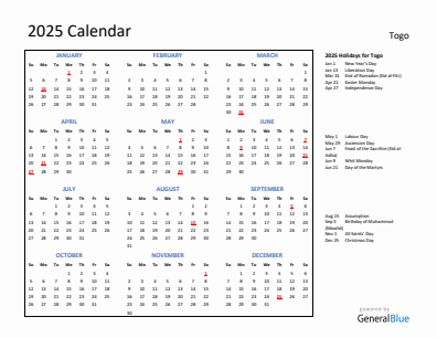 Togo current year calendar 2025 with holidays