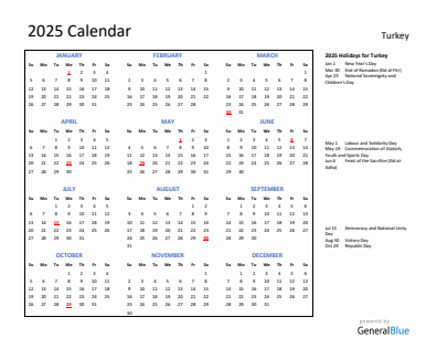 Turkey current year calendar 2025 with holidays