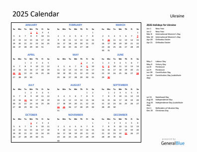 Ukraine current year calendar 2025 with holidays