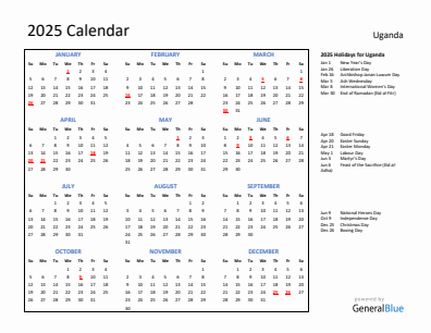 Uganda current year calendar 2025 with holidays