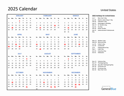 United States current year calendar 2025 with holidays