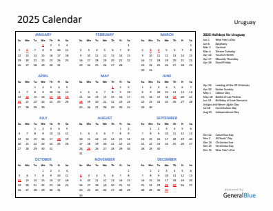 Uruguay current year calendar 2025 with holidays