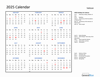 Vatican current year calendar 2025 with holidays