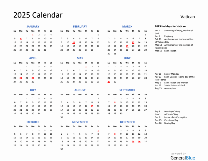 2025 Calendar with Holidays for Vatican