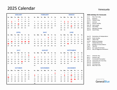 Venezuela current year calendar 2025 with holidays