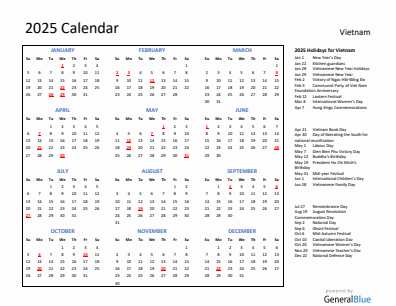 Vietnam current year calendar 2025 with holidays