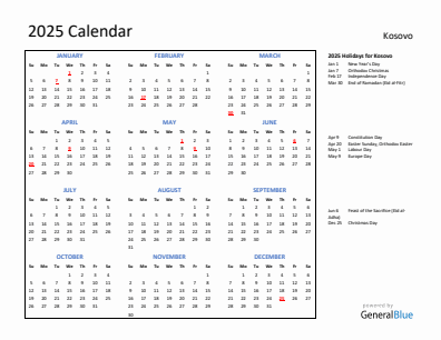 Kosovo current year calendar 2025 with holidays