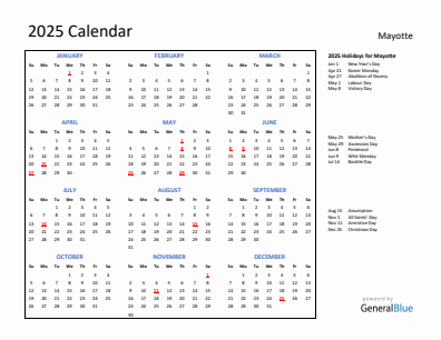 Mayotte current year calendar 2025 with holidays