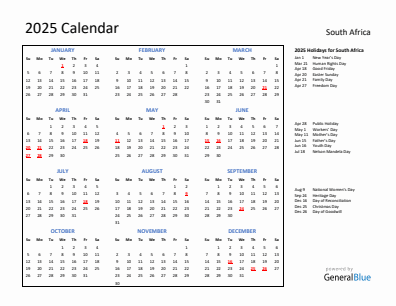 South Africa current year calendar 2025 with holidays