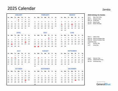 Zambia current year calendar 2025 with holidays